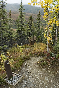 Water spigot and outhouse in front of my cabin at Camp Denali.